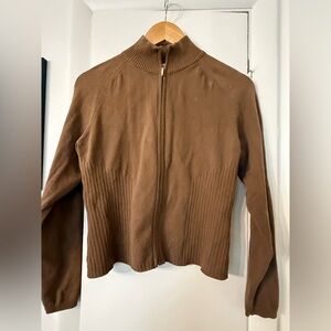 Vintage Y2K Talbots Petites Brown Ribbed Full-Zip Mock Neck Sweater | Size S